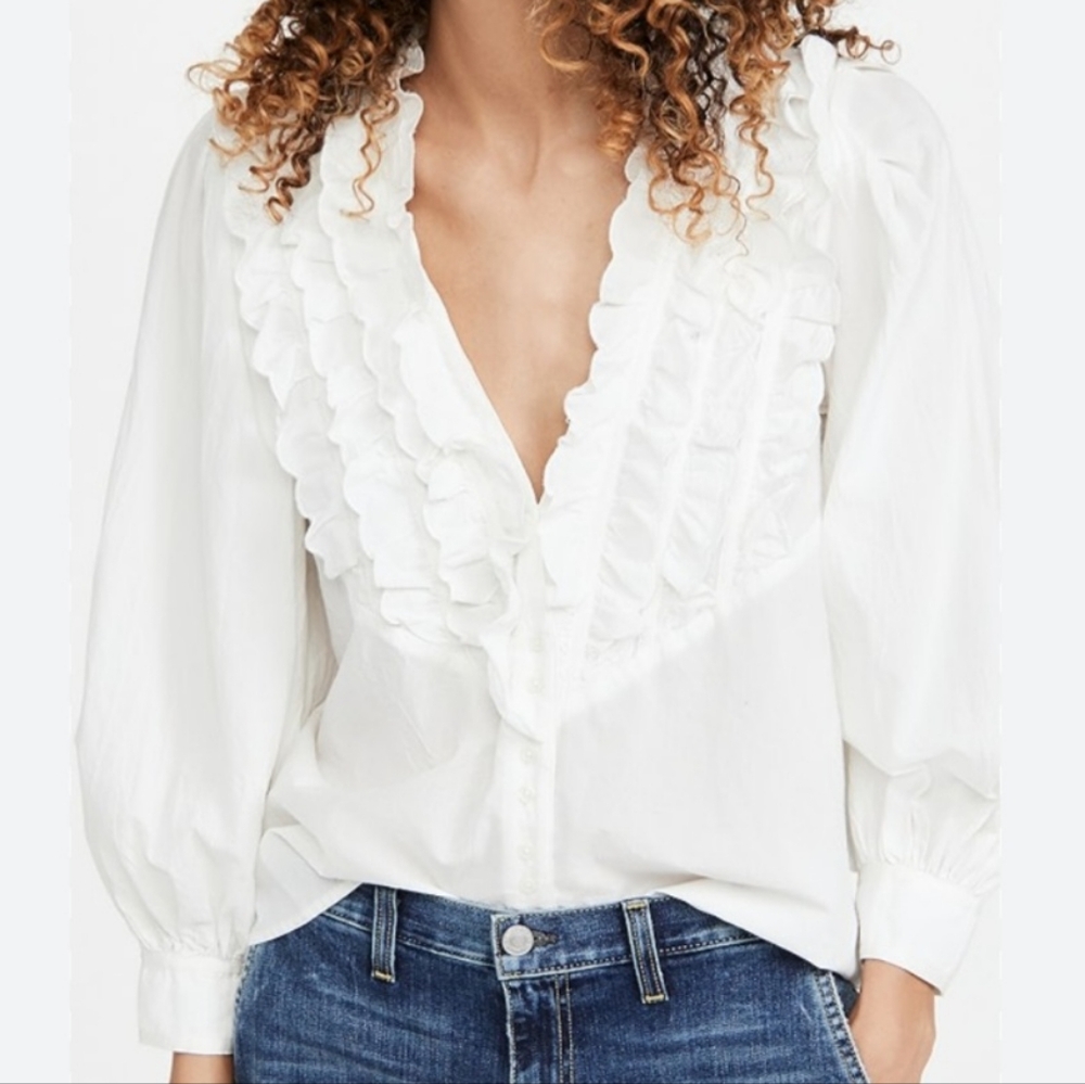 The Great Tuxedo Ruffle Button Front Shirt sz M (2) white